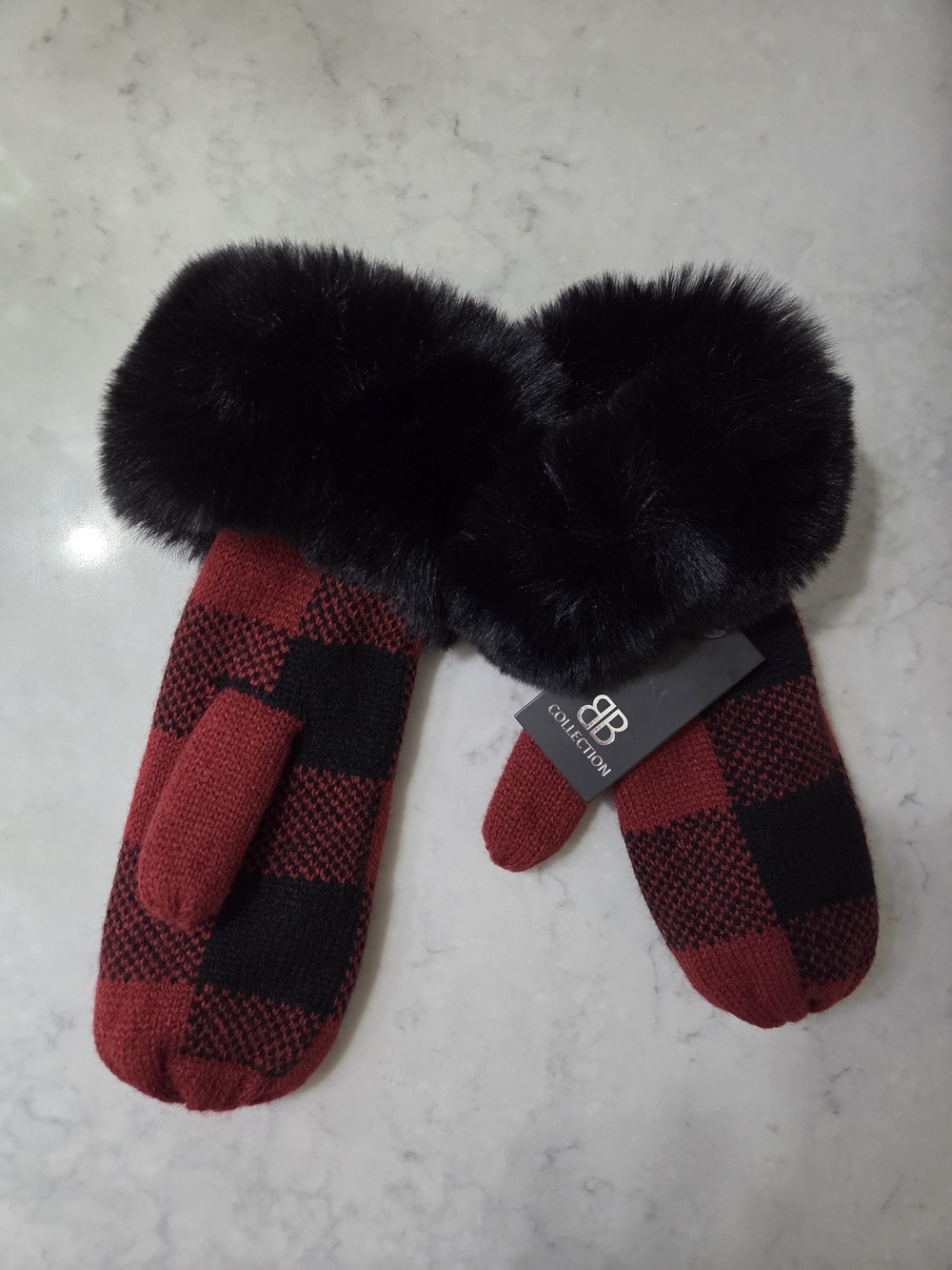 BB Collection Red & Black Plaid Mittens with Black Faux Fur Cuff
